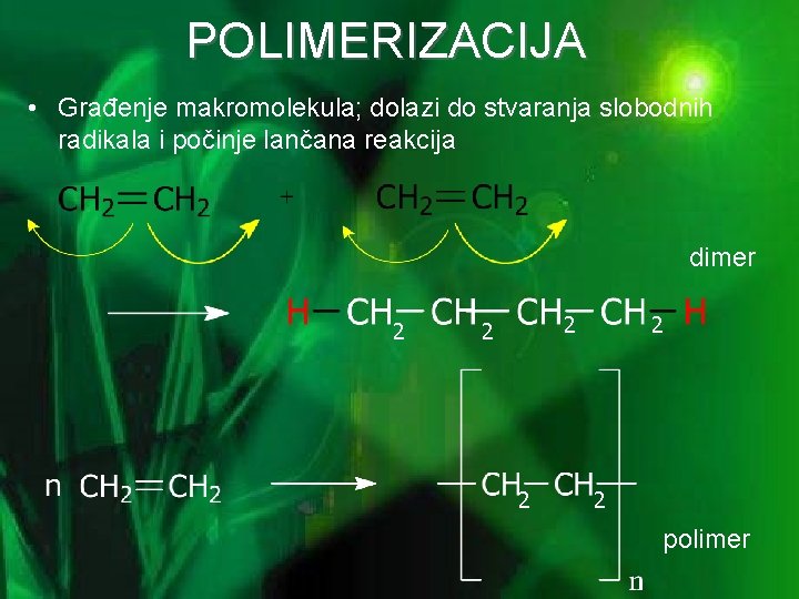 POLIMERIZACIJA • Građenje makromolekula; dolazi do stvaranja slobodnih radikala i počinje lančana reakcija dimer