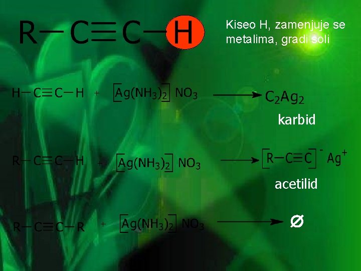 Kiseo H, zamenjuje se metalima, gradi soli karbid acetilid 