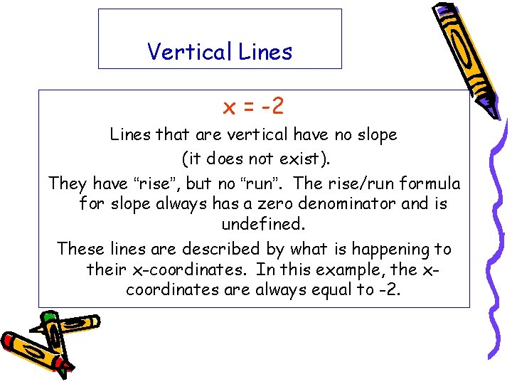 Vertical Lines x = -2 Lines that are vertical have no slope (it does