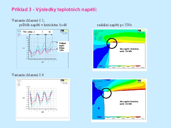 Příklad 3 - Výsledky teplotních napětí: Varianta chlazení č. 1, průběh napětí v kritickém