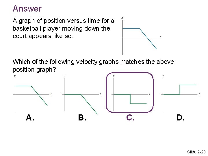 Answer A graph of position versus time for a basketball player moving down the