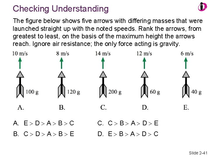 Checking Understanding The figure below shows five arrows with differing masses that were launched