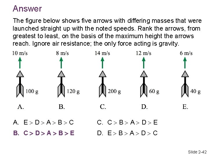 Answer The figure below shows five arrows with differing masses that were launched straight