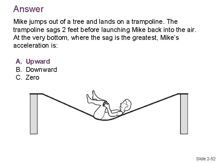 Answer Mike jumps out of a tree and lands on a trampoline. The trampoline