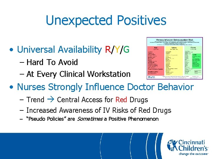 Unexpected Positives • Universal Availability R/Y/G – Hard To Avoid – At Every Clinical