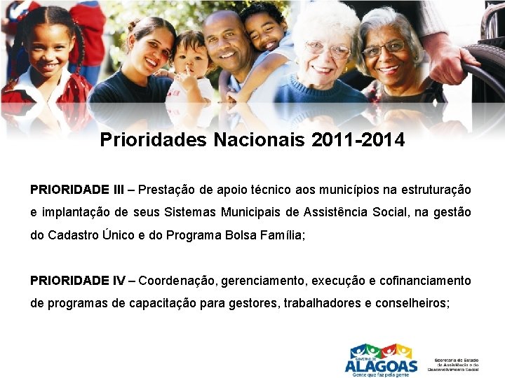 Prioridades Nacionais 2011 -2014 PRIORIDADE III – Prestação de apoio técnico aos municípios na