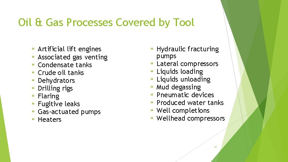 Oil & Gas Processes Covered by Tool Artificial lift engines Associated gas venting Condensate