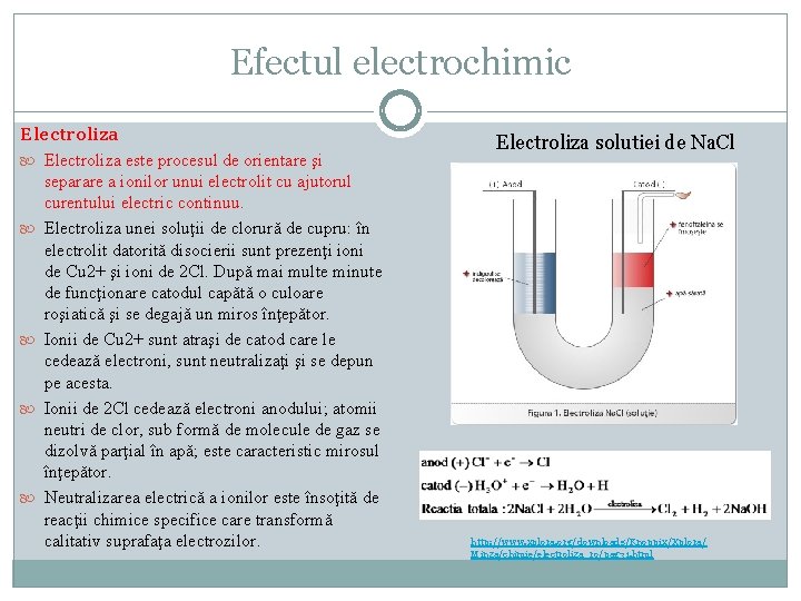 Efectul electrochimic Electroliza este procesul de orientare şi separare a ionilor unui electrolit cu
