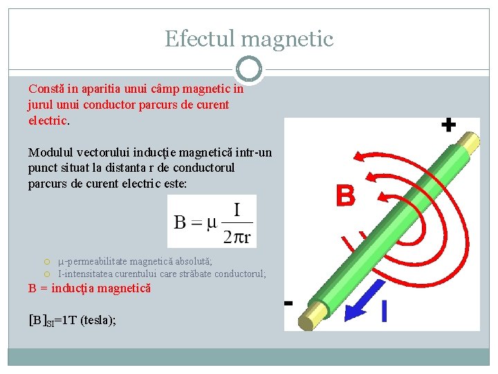 Efectul magnetic Constă in aparitia unui câmp magnetic in jurul unui conductor parcurs de