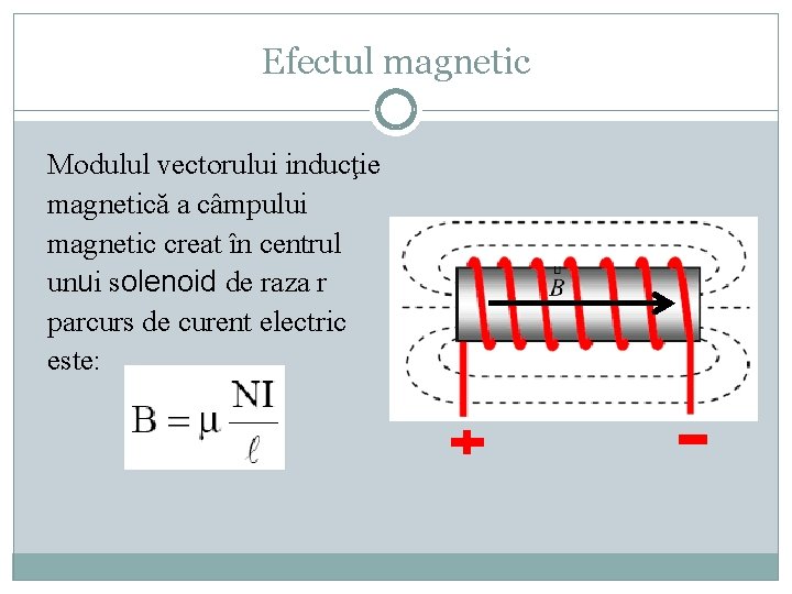 Efectul magnetic Modulul vectorului inducţie magnetică a câmpului magnetic creat în centrul unui solenoid