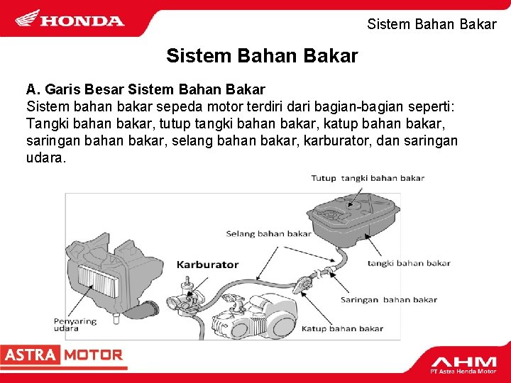 Sistem Bahan Bakar A. Garis Besar Sistem Bahan Bakar Sistem bahan bakar sepeda motor