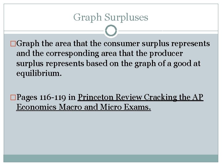 Graph Surpluses �Graph the area that the consumer surplus represents and the corresponding area