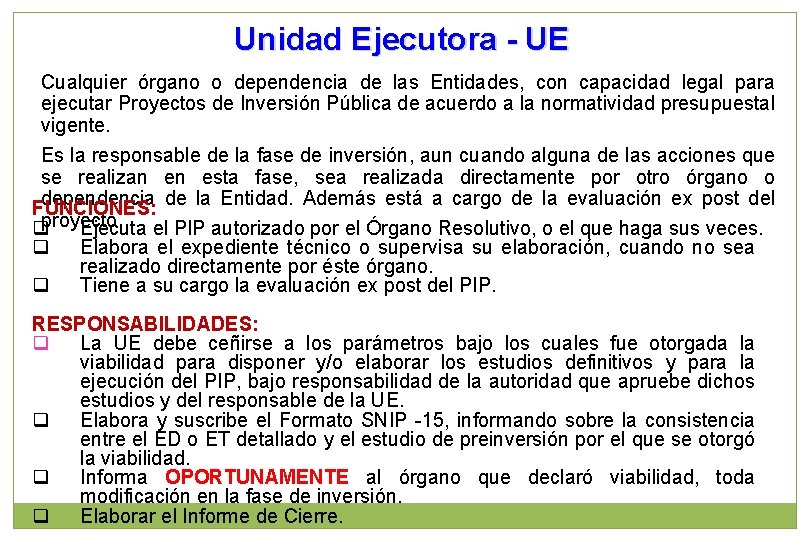 Unidad Ejecutora - UE Cualquier órgano o dependencia de las Entidades, con capacidad legal