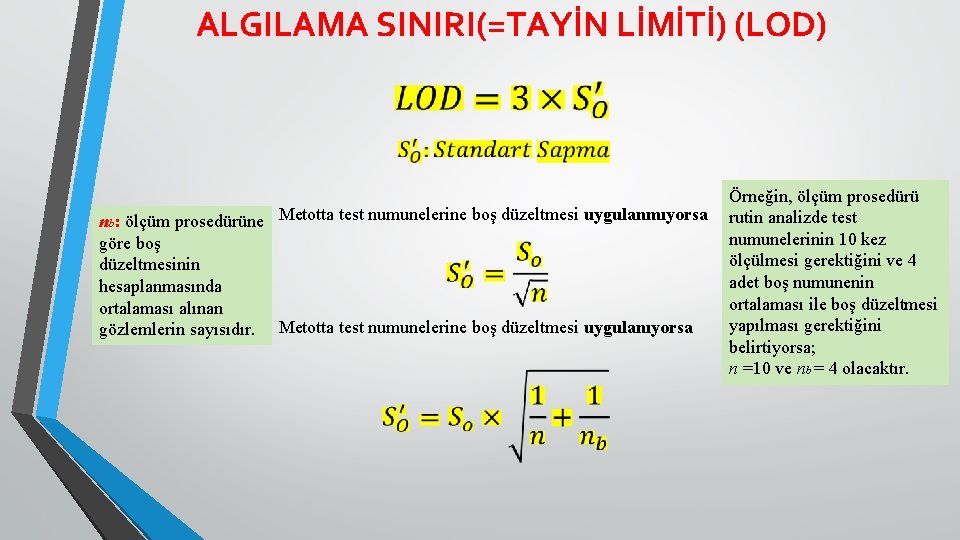 ALGILAMA SINIRI(=TAYİN LİMİTİ) (LOD) nb: ölçüm prosedürüne Metotta test numunelerine boş düzeltmesi uygulanmıyorsa göre