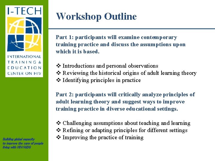 Workshop Outline Part 1: participants will examine contemporary training practice and discuss the assumptions