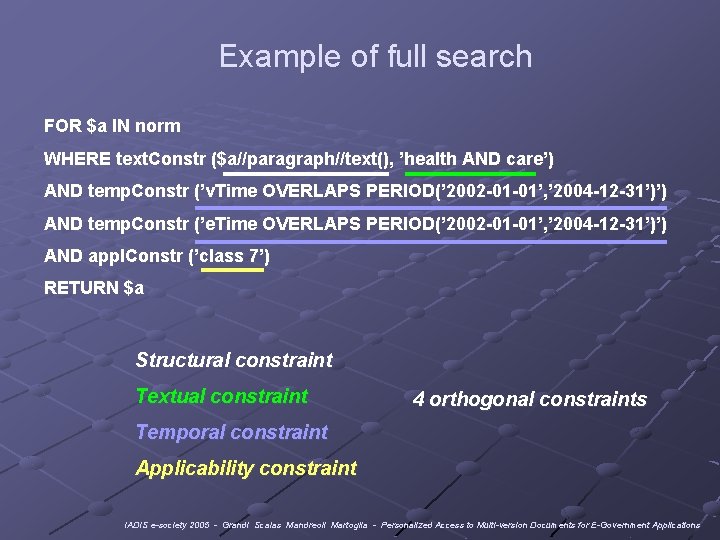 Example of full search FOR $a IN norm WHERE text. Constr ($a//paragraph//text(), ’health AND
