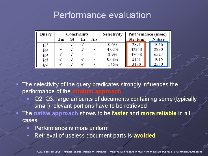 Performance evaluation § The selectivity of the query predicates strongly influences the performance of