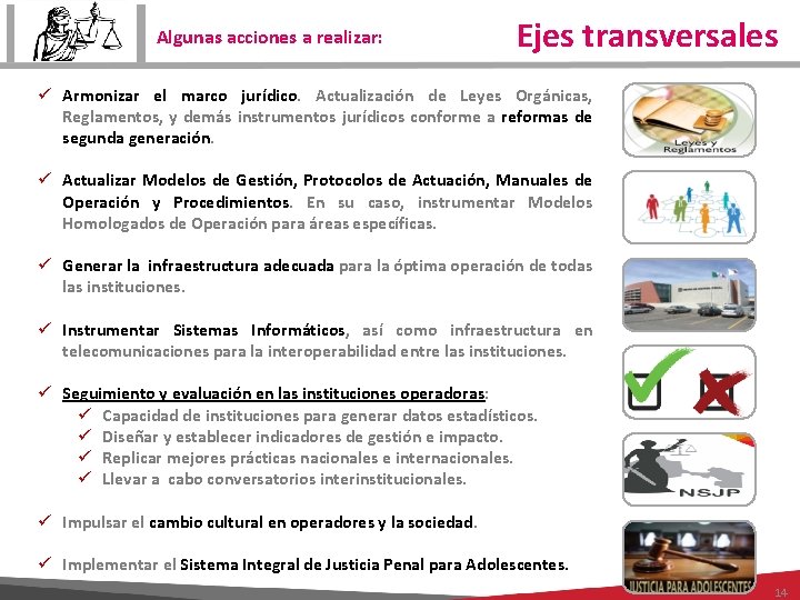 Algunas acciones a realizar: Ejes transversales ü Armonizar el marco jurídico. Actualización de Leyes