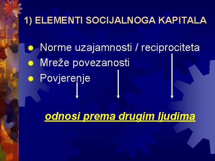 1) ELEMENTI SOCIJALNOGA KAPITALA Norme uzajamnosti / reciprociteta ® Mreže povezanosti ® Povjerenje ®