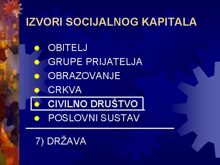 IZVORI SOCIJALNOG KAPITALA ® ® ® OBITELJ GRUPE PRIJATELJA OBRAZOVANJE CRKVA CIVILNO DRUŠTVO POSLOVNI