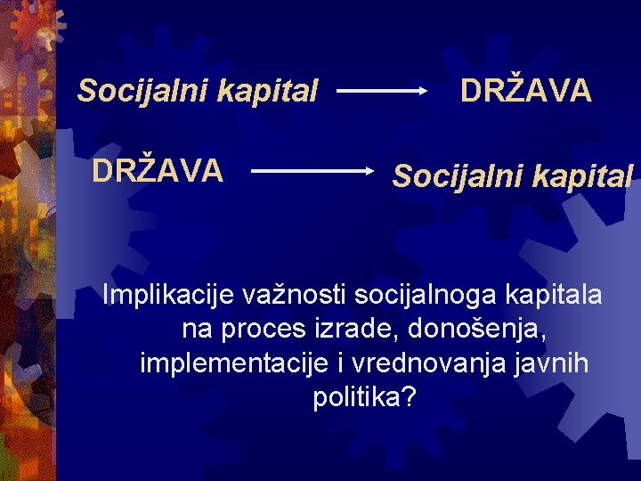 Socijalni kapital DRŽAVA Socijalni kapital Implikacije važnosti socijalnoga kapitala na proces izrade, donošenja, implementacije