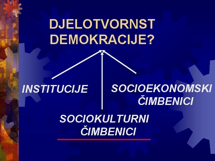 DJELOTVORNST DEMOKRACIJE? INSTITUCIJE SOCIOEKONOMSKI ČIMBENICI SOCIOKULTURNI ČIMBENICI 