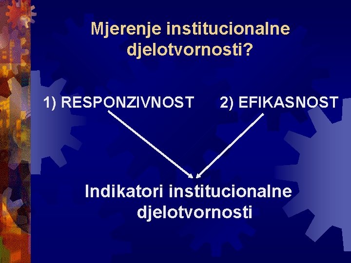 Mjerenje institucionalne djelotvornosti? 1) RESPONZIVNOST 2) EFIKASNOST Indikatori institucionalne djelotvornosti 