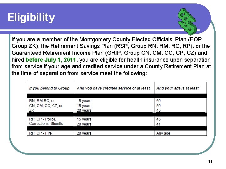 Eligibility If you are a member of the Montgomery County Elected Officials’ Plan (EOP,