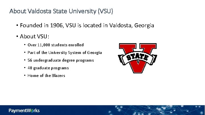 About Valdosta State University (VSU) • Founded in 1906, VSU is located in Valdosta,