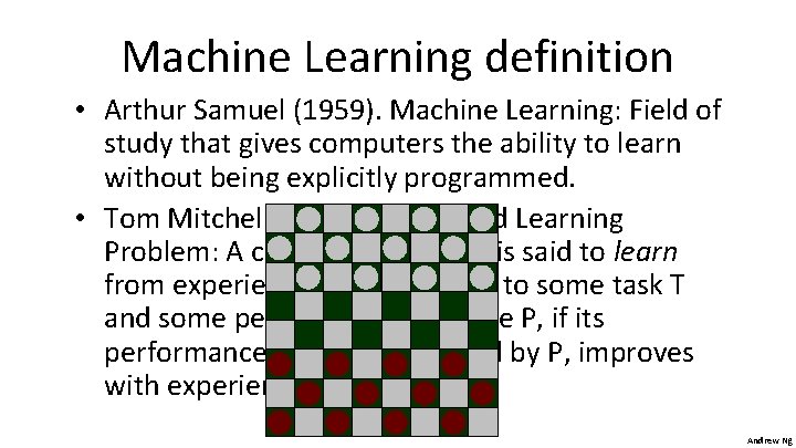 Machine Learning definition • Arthur Samuel (1959). Machine Learning: Field of study that gives