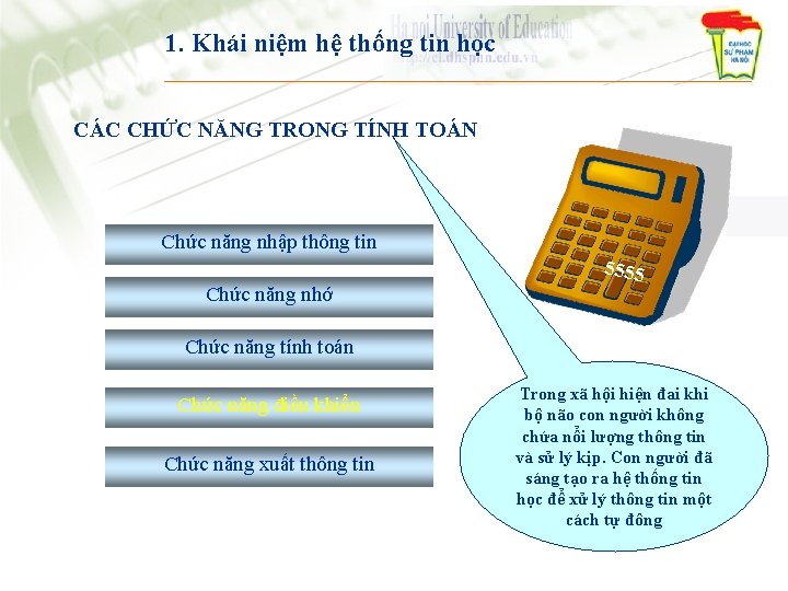 1. Khái niệm hệ thống tin học CÁC CHỨC NĂNG TRONG TÍNH TOÁN Chức