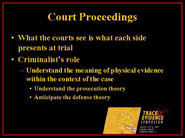 Court Proceedings • What the courts see is what each side presents at trial