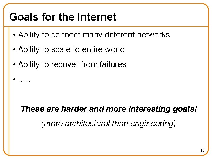 Goals for the Internet • Ability to connect many different networks • Ability to