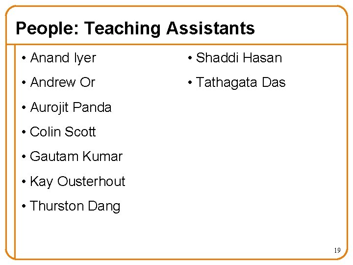 People: Teaching Assistants • Anand Iyer • Shaddi Hasan • Andrew Or • Tathagata