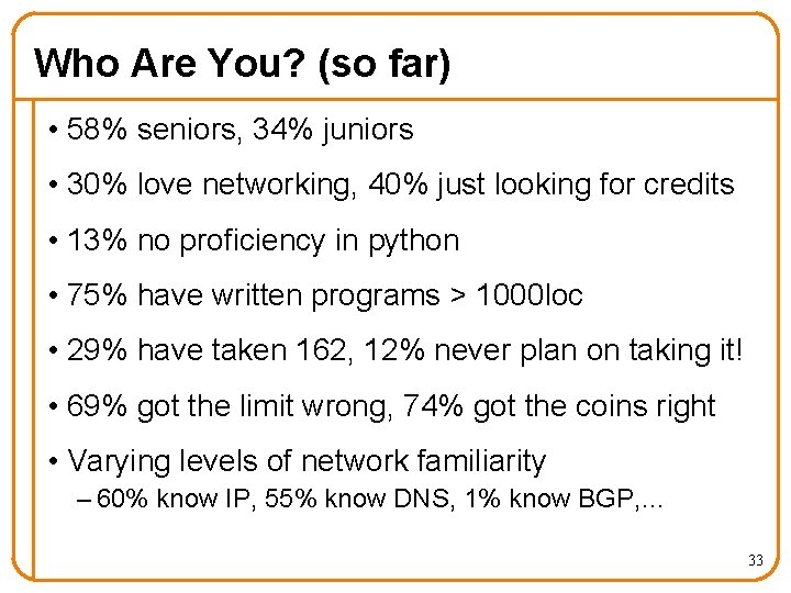 Who Are You? (so far) • 58% seniors, 34% juniors • 30% love networking,