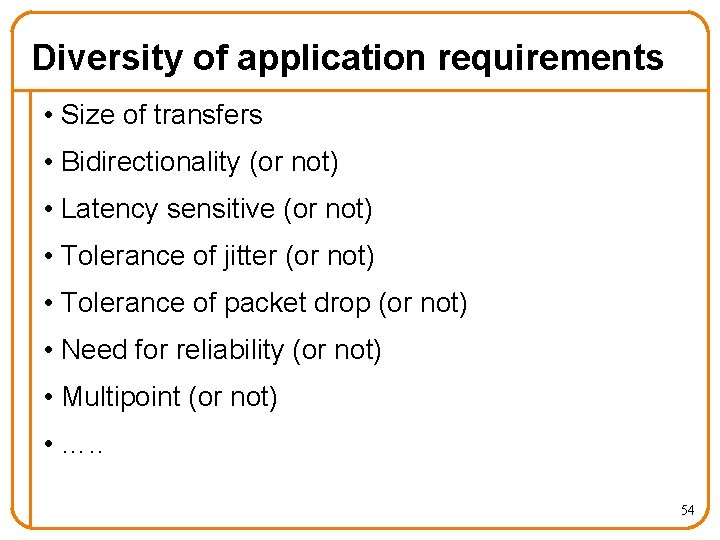 Diversity of application requirements • Size of transfers • Bidirectionality (or not) • Latency