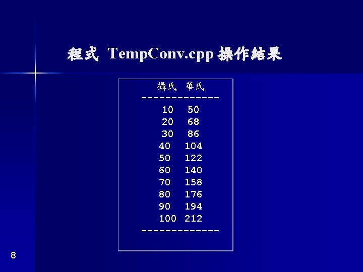 程式 Temp. Conv. cpp 操作結果 攝氏 華氏 ------10 50 20 68 30 86 40