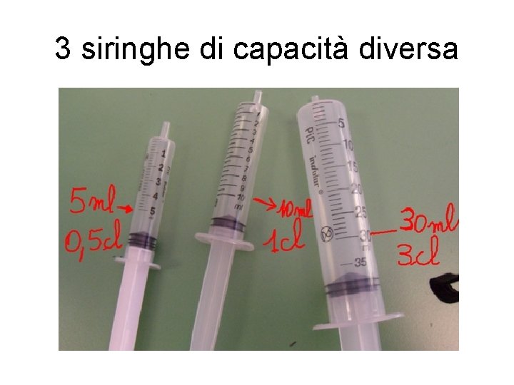 3 siringhe di capacità diversa 