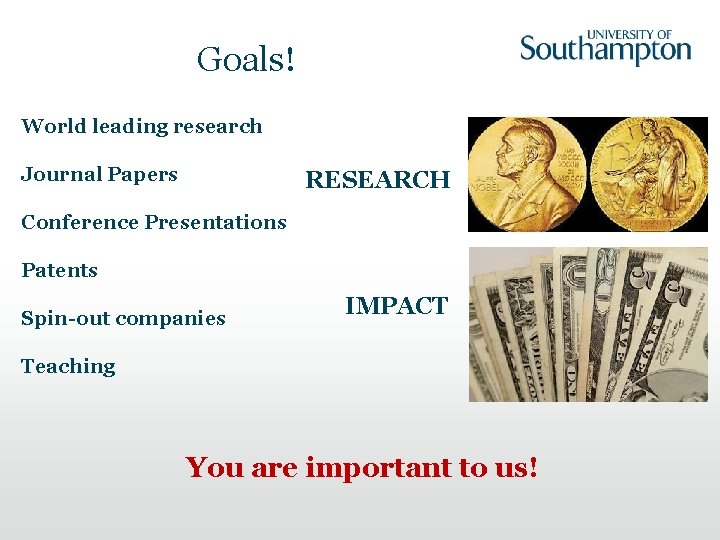 Goals! World leading research Journal Papers RESEARCH Conference Presentations Patents Spin-out companies IMPACT Teaching