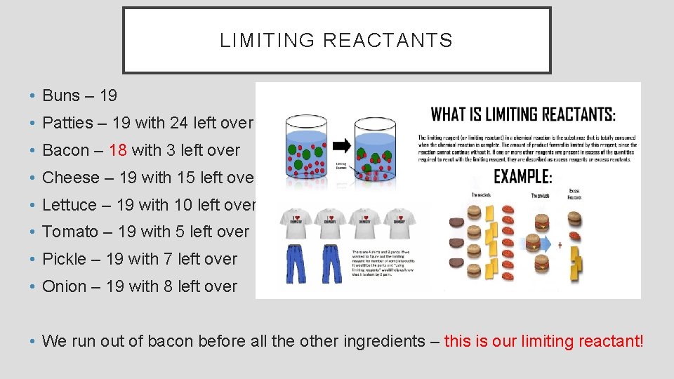 LIMITING REACTANTS • Buns – 19 • Patties – 19 with 24 left over
