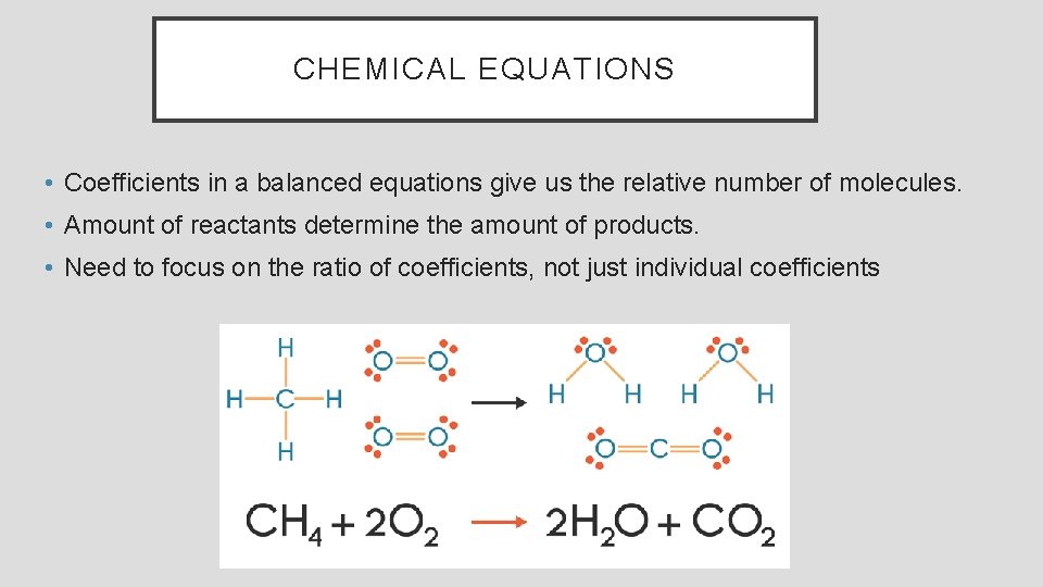 CHEMICAL EQUATIONS • Coefficients in a balanced equations give us the relative number of