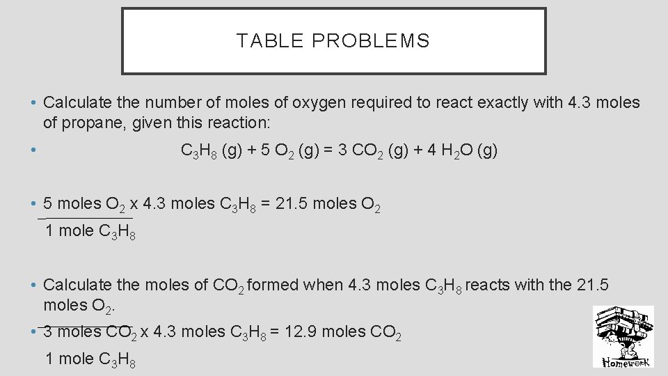 TABLE PROBLEMS • Calculate the number of moles of oxygen required to react exactly