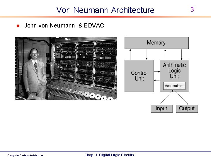 Von Neumann Architecture n John von Neumann & EDVAC Computer System Architecture Chap. 1