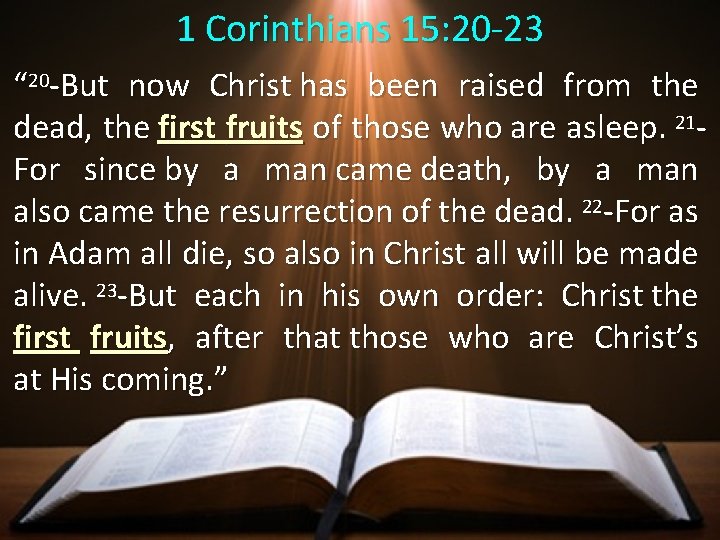 1 Corinthians 15: 20 -23 “ 20 -But now Christ has been raised from