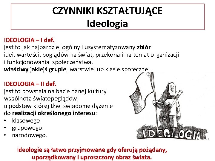 CZYNNIKI KSZTAŁTUJĄCE Ideologia IDEOLOGIA – I def. jest to jak najbardziej ogólny i usystematyzowany