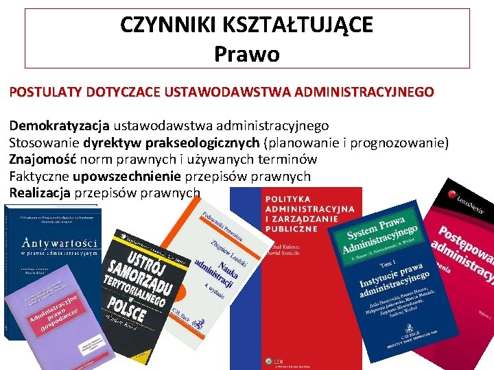 CZYNNIKI KSZTAŁTUJĄCE Prawo POSTULATY DOTYCZACE USTAWODAWSTWA ADMINISTRACYJNEGO Demokratyzacja ustawodawstwa administracyjnego Stosowanie dyrektyw prakseologicznych (planowanie