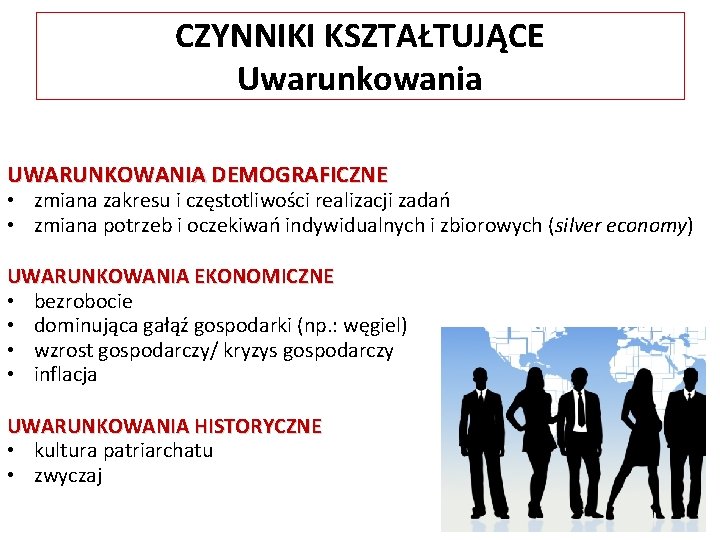 CZYNNIKI KSZTAŁTUJĄCE Uwarunkowania UWARUNKOWANIA DEMOGRAFICZNE • zmiana zakresu i częstotliwości realizacji zadań • zmiana