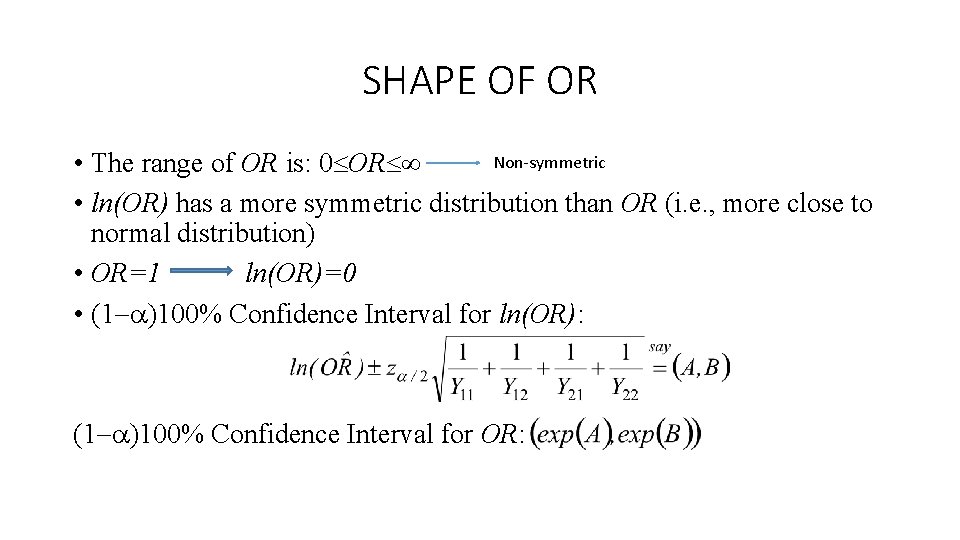 SHAPE OF OR Non-symmetric • The range of OR is: 0 OR • ln(OR) SHAPE OF OR Non-symmetric • The range of OR is: 0 OR • ln(OR)