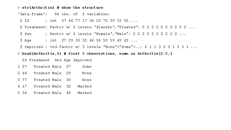 > str(Arthritis) # show the structure 'data. frame': $ ID 84 obs. of : > str(Arthritis) # show the structure 'data. frame': $ ID 84 obs. of :