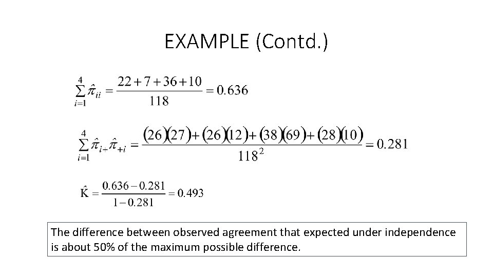 EXAMPLE (Contd. ) The difference between observed agreement that expected under independence is about EXAMPLE (Contd. ) The difference between observed agreement that expected under independence is about